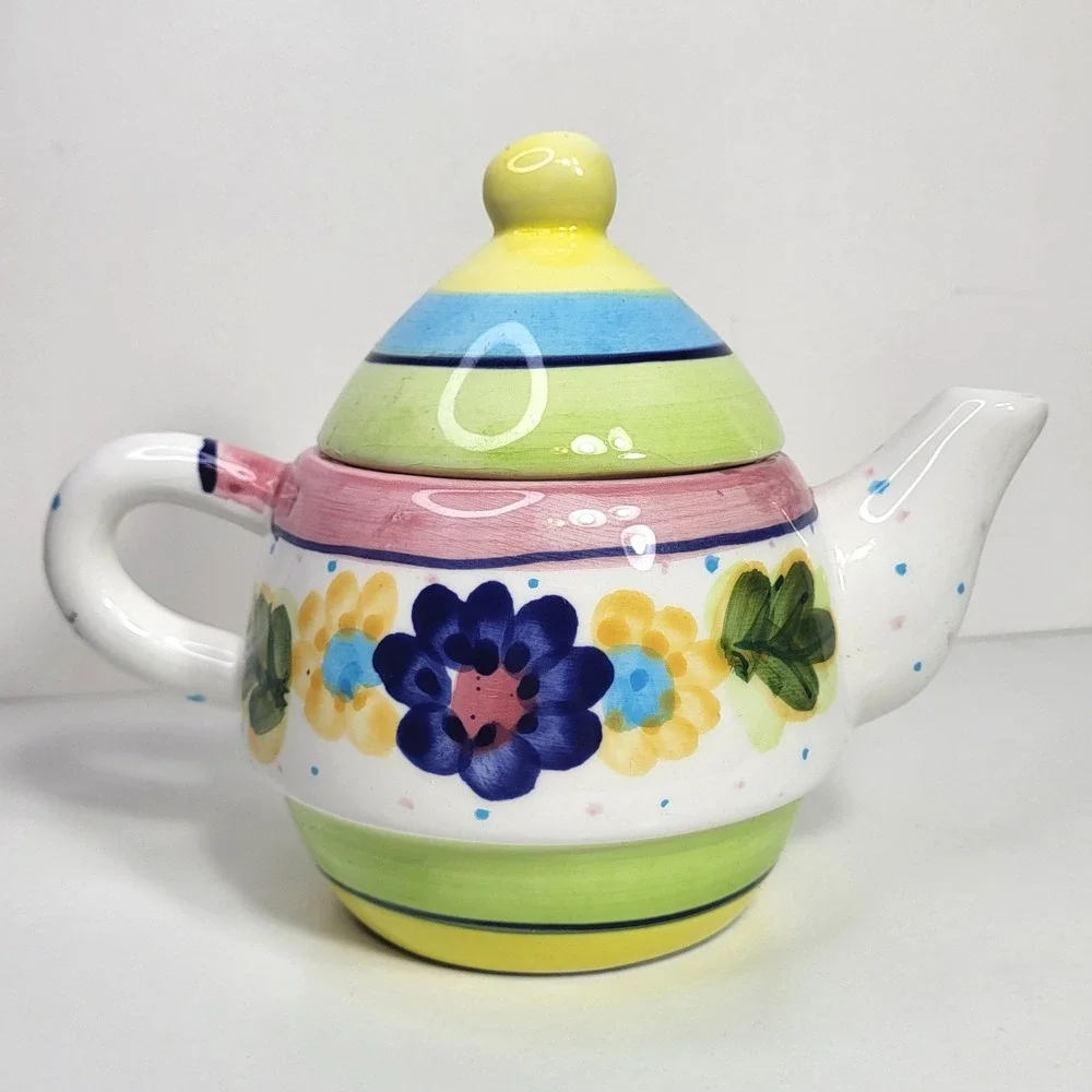 Bella Casa by Ganz Ceramic Teapot Hand Painted Floral Stripes Polka Dot Colorful